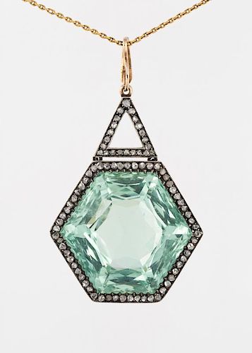 AN IMPRESSIVE ANTIQUE RUSSIAN AQUAMARINE AND DIAMOND PENDANT, MAKERS MARK IN THE FORM OF A CYRILLIC MONOGRAM IG, MOSCOW, 1909