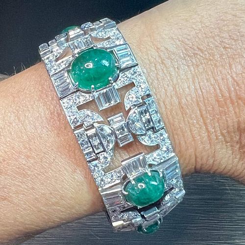 Art Deco Platinum & 18K Emerald and Diamond Bracelet