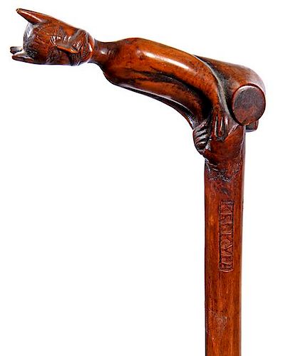 303. Creature Folk-Art Cane – Ca. 1900 – An unusual carving of a man with a large mustache and open mouth and four ears,