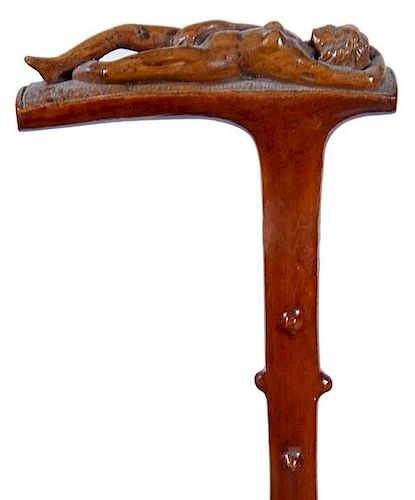 321. Erotic Folk-Art Cane – Ca.1900 – A carved full-frontal nude which seems to be very playful, original patina througho