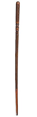 320. Native Folk-Art Cane – Ca. 1900 – A carved coastal North West cane with a single carving with mother of pearl eyes a