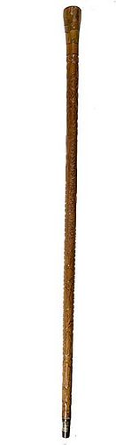 338. Folk-Art Country Cane – Dated 1898 – A fully carved and well worn country cane with horses/people/other animals/tool