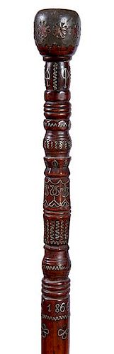 340. Mid-Eastern Folk-Art Cane – Dated 1866 – A pewter overlaid handle, the first 10 inches of the cane is turned and has
