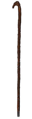 362. Important Folk-Art Cane – Dated 1862.NJ- Most unusual fully-carved folk-art cane with high relief carvings of various