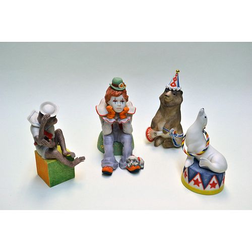 Cybis Porcelain Rumples The Pensive Clown, Barnaby The Bear, Sebastian The Seal And Bosun The Monkey, Circus Collection Of 4 Pcs