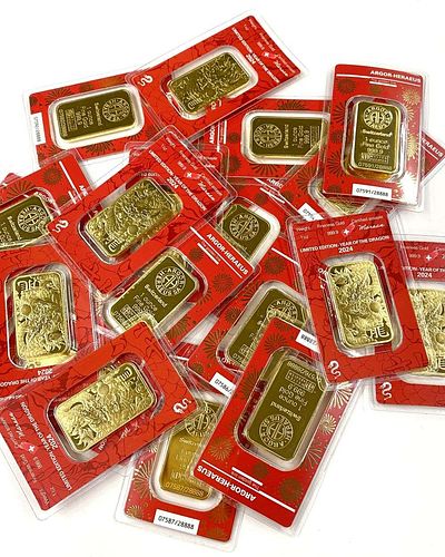 (10) Carded 2024 Year Of The Dragon 1 ozt .9999 Gold Bar