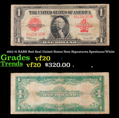 1923 $1 Red Seal United States Note RARE Grades vf, very fine Signatures Speelman/White