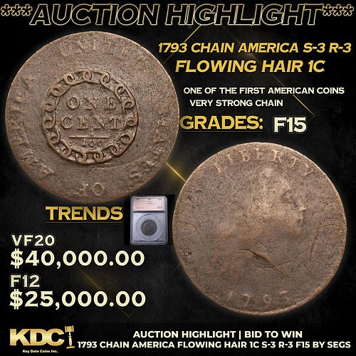 ***Auction Highlight*** 1793 Chain AMERICA Flowing Hair large cent S-3 R-3 1c Graded f15 By SEGS (fc)