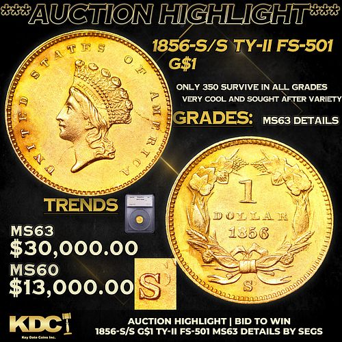 ***Auction Highlight*** 1856-s/s Gold Dollar TY-II FS-501 $1 Graded ms63 details By SEGS (fc)