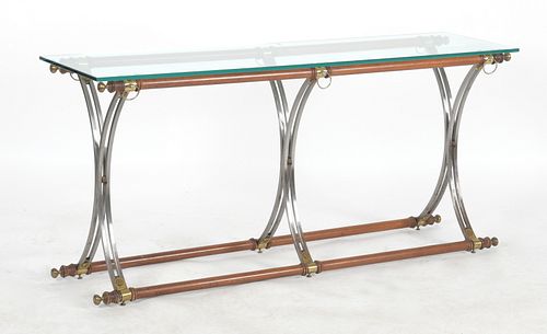 Campaign Style Brushed Steel and Glass Console Table