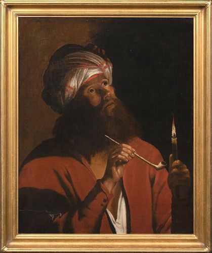  PORTRAIT OF A MAN WEARING A TURBAN SMOKING A PIPE OIL PAINTING