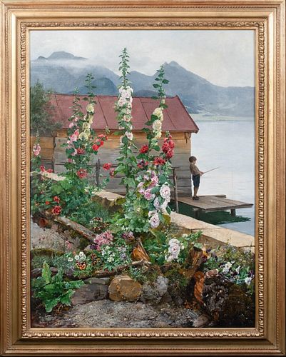 FISHING BY THE FLOWERS OF SUMMER OIL PAINTING