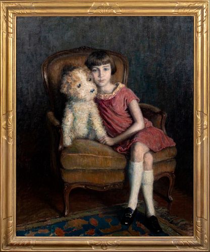 PORTRAIT OF A GIRL & TOY BEAR OIL PAINTING
