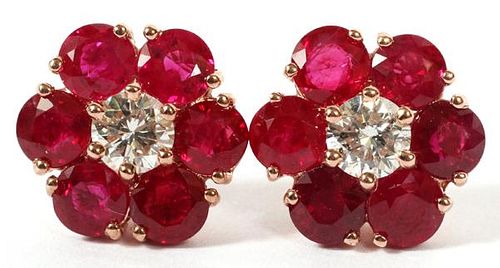6.26CT RUBY AND DIAMOND CLUSTER EARRINGS PAIR