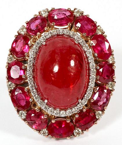 13.52CT RHODONITE AND 6.08CT RUBY COCKTAIL RING