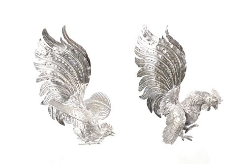 Two Italian Marked Silver Plated Fighting Chickens