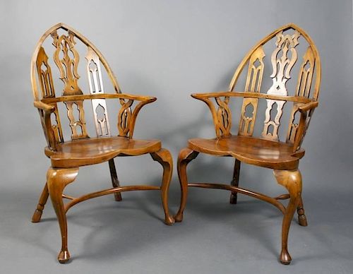 Pair of Gothic Windsor Yew Wood Armchairs