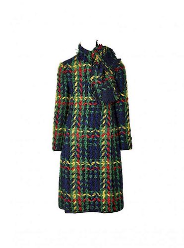 James Galanos Graphic Wool Tweed Plaid Pattern Day Dress