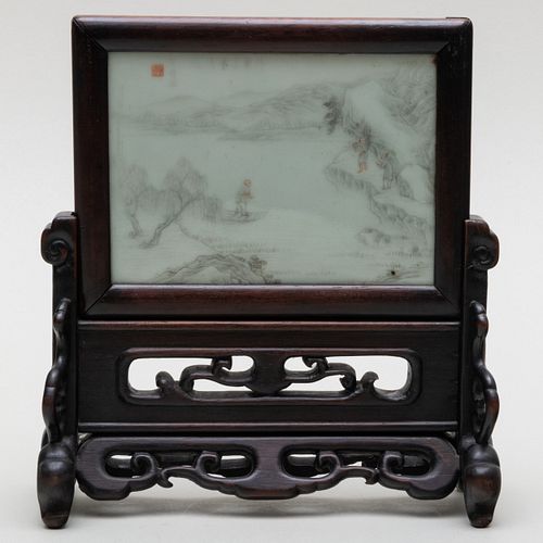 Small Chinese Porcelain Plaque Inset in Stand 