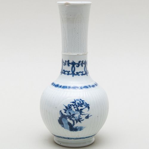 Chinese Blue and White Ribbed Porcelain Bottle Vase