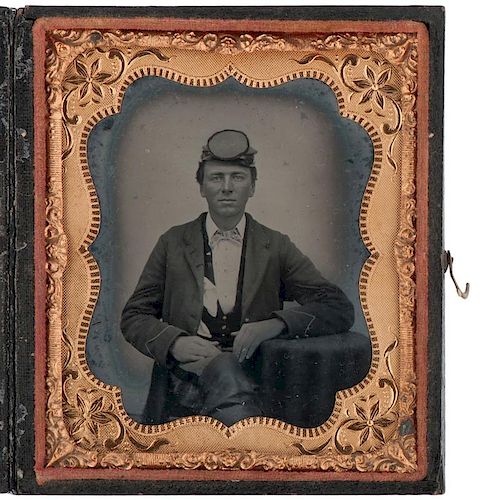 Sixth Plate Ruby Ambrotype of David H. Bennett, 28th New York, KIA at Antietam, Wearing Captured CSA Kepi