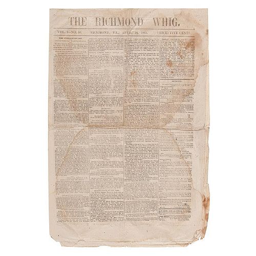 Richmond Whig, April 14, 1865, Union Occupation Newspaper Printed the Day Lincoln Was Assassinated