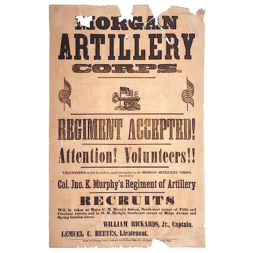 Civil War Recruitment Broadside for Morgan Artillery Corps of Pennsylvania
