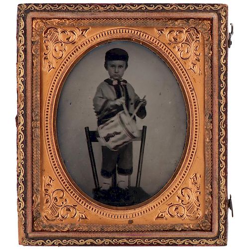 Civil War Sixth Plate Ruby Ambrotype of a Young Boy in a Zoauve Outfit with Drum, by G.S. Cook, Charleston, South Carolina