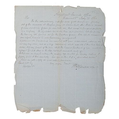 1860 Letter to Samuel Colt from H. Richardson Regarding a Call for Arms