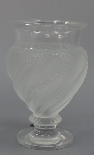 Lalique swirl Ermenonville footed vase. ht. 5 3/4in.