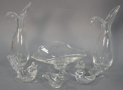 Six piece crystal group to include two Baccarat crystal bird figures, one Steuben crystal bird figure, two Steuben vases, and