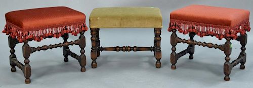 Three William and Mary style stools with carved turned legs and stretchers, made up of old elements. ht. 16in. & 15in.