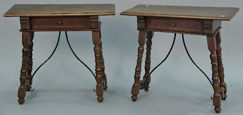 Pair of Italian style one drawer stand with turned legs and iron stretcher. ht. 23in., top: 12" x 26"