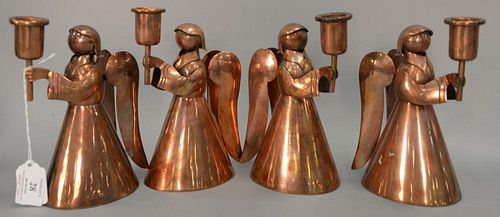 Set of four Taxco Los Castillo Mexico copper angel candle holders. ht. 7in.