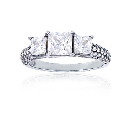 Decadence Sterling Silver 5.5mm Princess Cut 3 Stone Pave Engagement Ring With 4x4mm Princess Cut Side Stones size 7