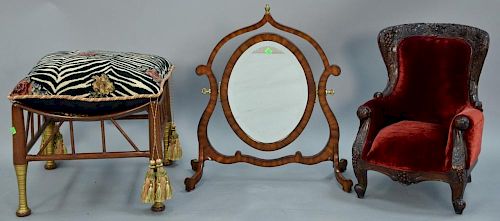 Three piece lot including Contemporary dresser mirror (ht. 24in., wd. 22in.), stool with pillow top, and a small child's chai