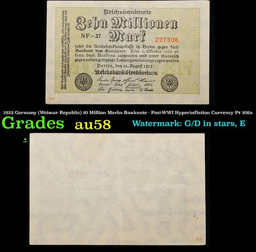 1923 Germany (Weimar Republic) 10 Million Marks Banknote - Post-WWI Hyperinflation Currency P# 106a Grades Choice AU/BU Slider