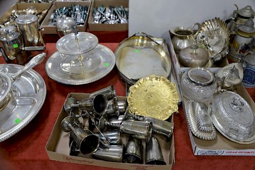 Group of silver plated items to include serving pieces, stemmed cups, pitchers, etc.