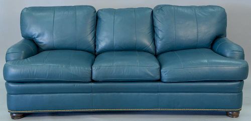 Hancock & Moore green leather upholstered sleeper sofa, excellent condition, lg. 80in.