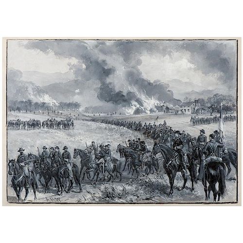 General Custer's Division Retiring from Mt. Jackson, Virginia, and Burning the Forage, October 1864, Watercolor and Gouache b