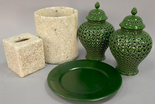 Four Two's Company green pierced covered porcelain lantern jar (ht. 12in.), Labrazel bathroom waste basket (ht. 11in.) and ti