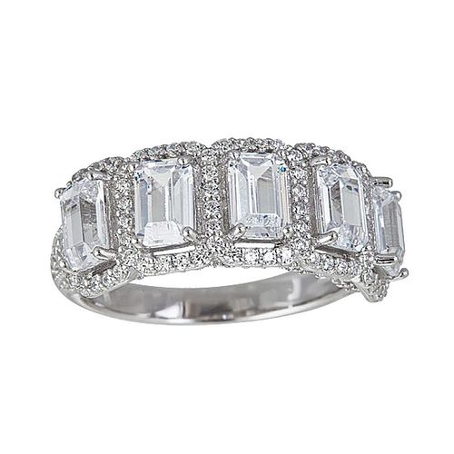 Decadence Sterling Silver 4x6mm Emerald Cut Halo Pave Anniversary Band With arc work size 7