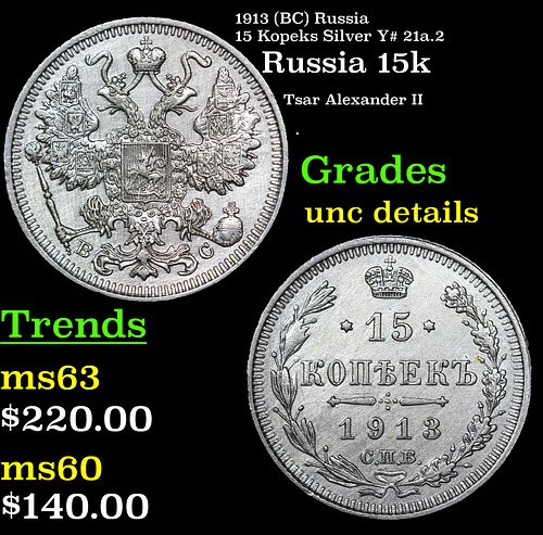 1913 (BC) Russia 15 Kopeks Silver Y# 21a.2 Grades Unc Details
