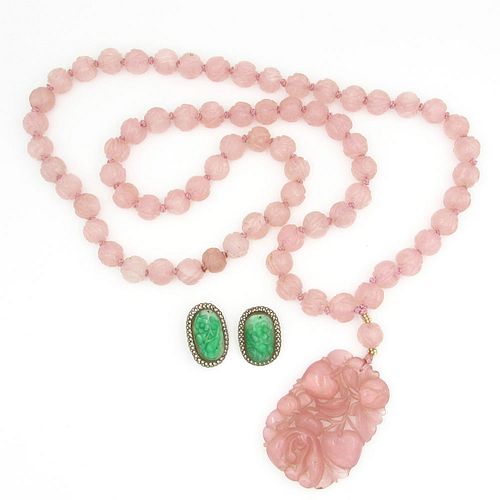 Antique Chinese Carved Jade Earrings & Rose Quartz Necklace