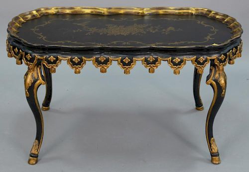 Black and gold faux tray top coffee table. ht. 22in., top: 24" x 42"