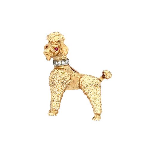 14K Yellow Gold Diamond Poodle Dog Pin