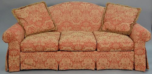 Henredon red and tan paisley upholstered sofa having rolled arms and back. lg. 88in.