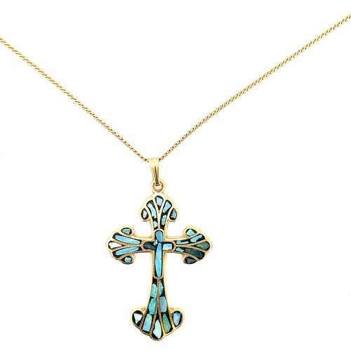 14K Gold Inlaid Opal Cross Pendant Necklace