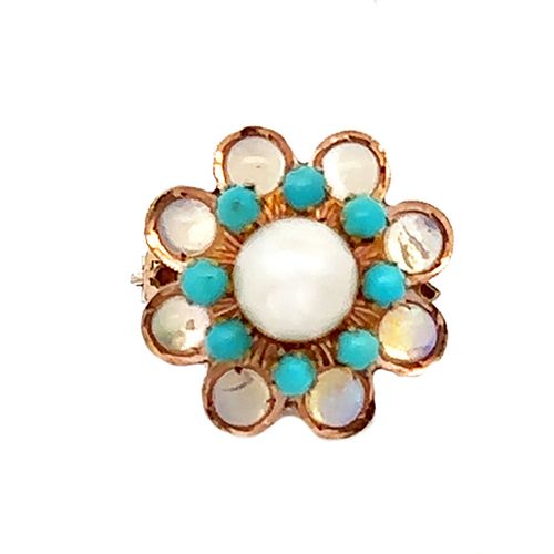 14K Gold Jelly Opal, Turquoise & Pearl Ring