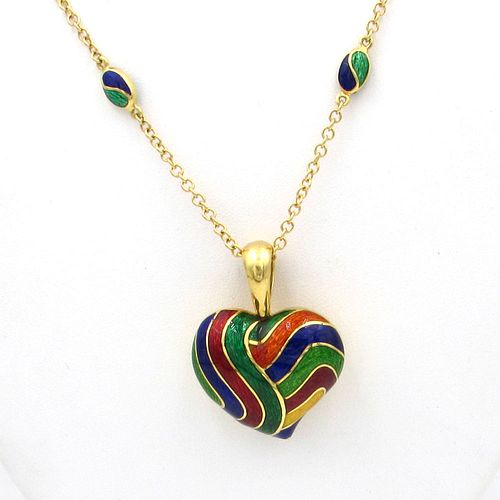 18K Enameled Chain and Heart Pendant Necklace